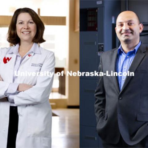 A team of researchers from three University of Nebraska institutions is among the finalists in a global competition to develop an artificial intelligence-driven model to advise policymakers on how it is best to handle the COVID-19 pandemic.  From left: Dan Piatkowski, assistant professor of community and regional planning at UNL, Alison Freifeld, professor of internal medicine at University of Nebraska Medical Center and an infectious diseases expert, Fadi Alsaleem, assistant professor of architectural engineering at the University of Nebraska-Lincoln and an expert in Big Data analysis and Basheer Qolomany, assistant professor of computer science at University of Nebraska-Kearney and an expert in cyber systems; Photos by Craig Chandler/UNL, Kent Sievers/UNMC, Ryan Soderlin/UNO, and Erika Pritchard/UNK. Photos taken February 2021,